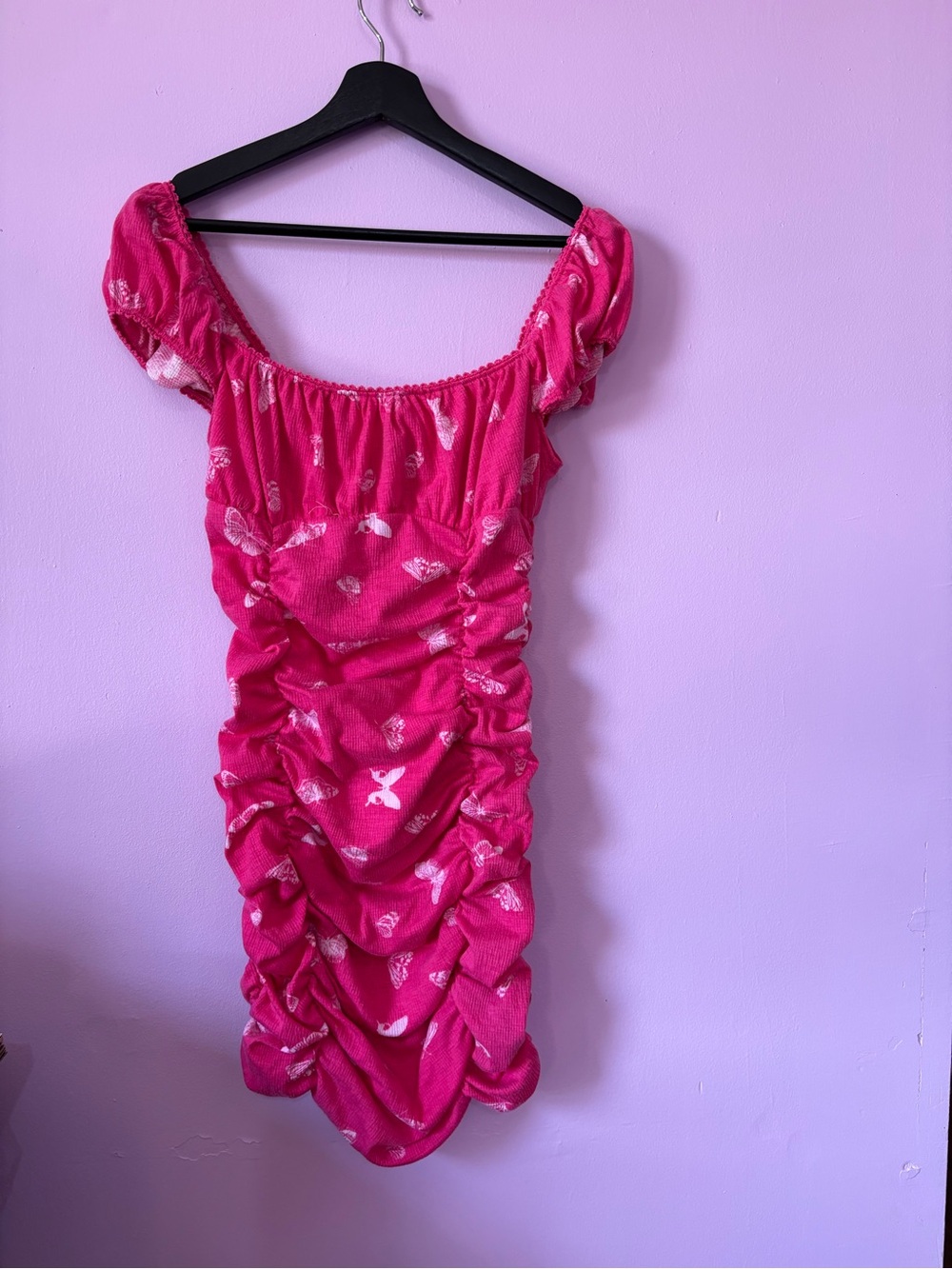 Urban Outfitters Hot Pink Ruched Butterfly Print Dress